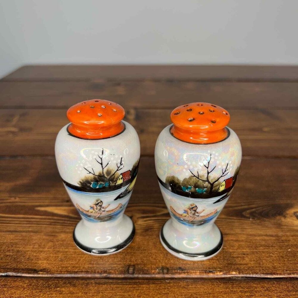 Vintage salt & pepper shakers Indian rowing boat Hand painted Made in Japan